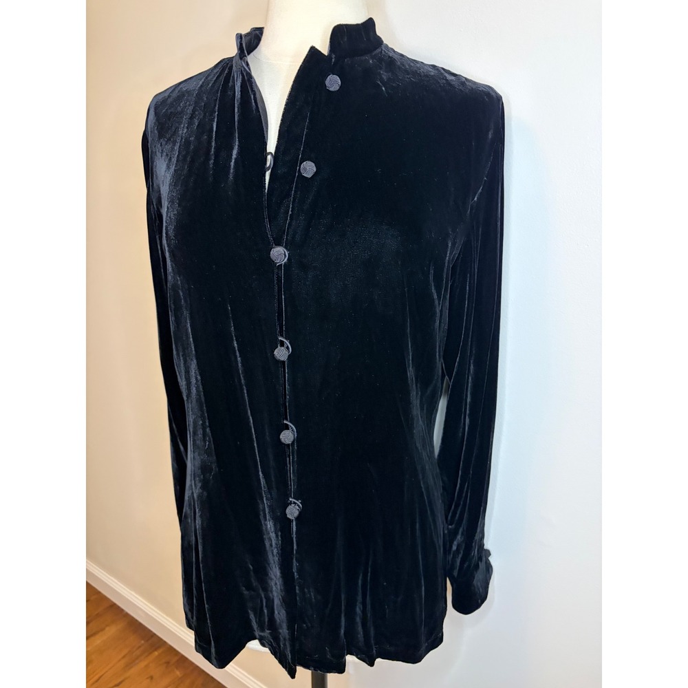 VTG Ann Taylor Black Silk Blend Velvet Mandarin Collar Frog Button Blouse Sz 14
